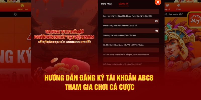 Hướng dẫn đăng ký tài khoản ABC8 tham gia chơi cá cược